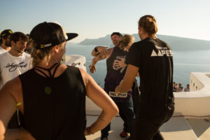 Yoann Leroux (FRA) hugs the Winner Bart van der Linden (NLD) Red Bull Art of Motion Santorini 2016